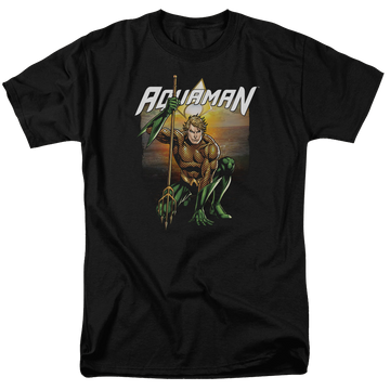 Black men's regular fit t-shirt with Aquaman Beach Sunset graphic
