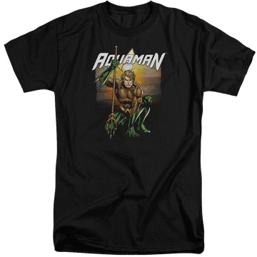 Black men's tall fit t-shirt with Aquaman Beach Sunset graphic