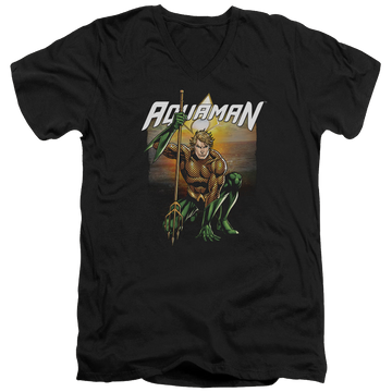 Black men's v-neck t-shirt with Aquaman Beach Sunset graphic