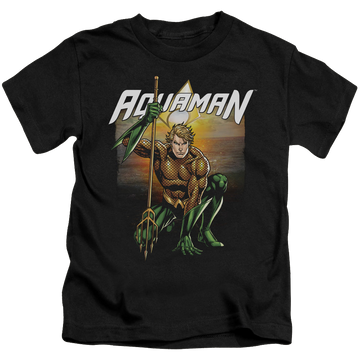 Black kid's t-shirt for ages 4 to 7 with Aquaman Beach Sunset graphic