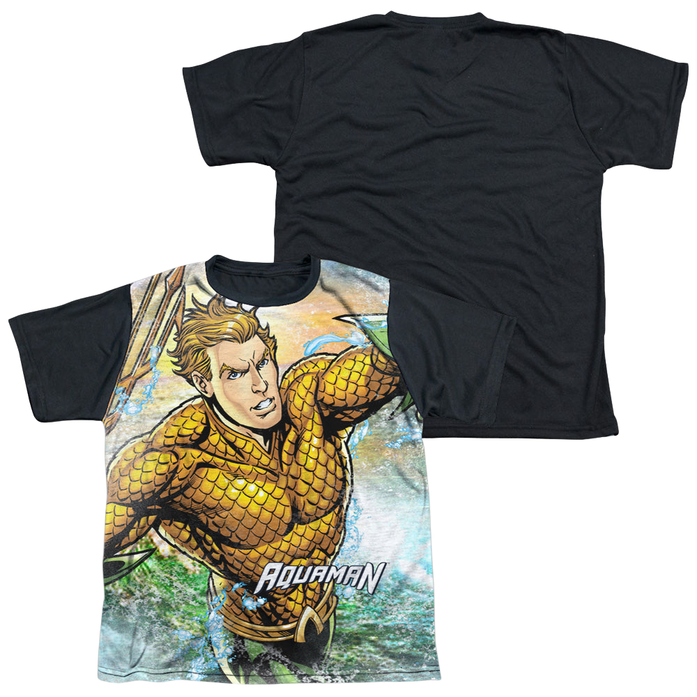 Aquaman Rough Seas - Youth Black Back T-Shirt Youth Black Back T-Shirt (Ages 8-12) Aquaman