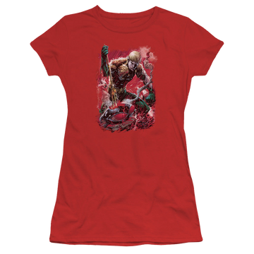 Red juniors t-shirt with Aquaman Finished graphic