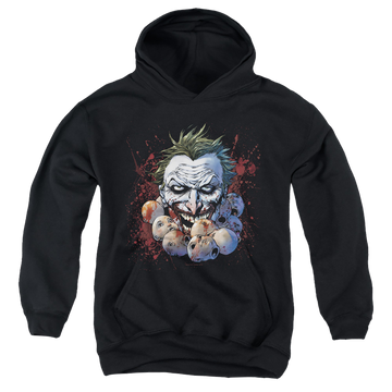 Black youth hoodie for ages 8 to 12 with Joker Doll Heads graphic