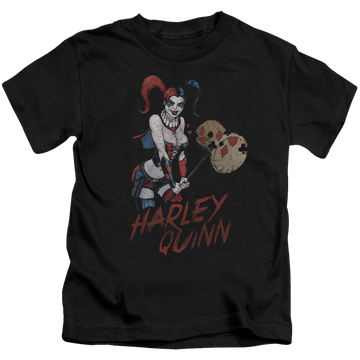 Black kid's t-shirt for ages 4 to 7 with Harley Quinn Harley Hammer graphic