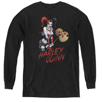 Black youth long sleeve t-shirt with Harley Quinn Harley Hammer graphic