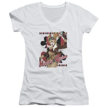 White juniors v-neck t-shirt with Wonder Woman Justice League Harley Bombshetll graphic