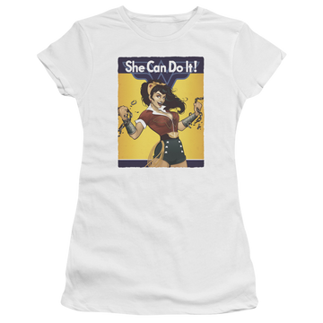 White juniors t-shirt with Wonder Woman Justice League Wonder Bombshell graphic