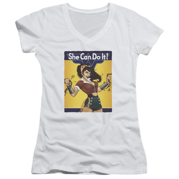 White juniors v-neck t-shirt with Wonder Woman Justice League Wonder Bombshell graphic