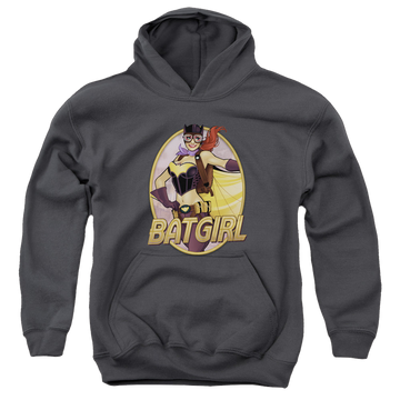 Charcoal youth hoodie for ages 8 to 12 with Batman Batgirl Bombshell graphic