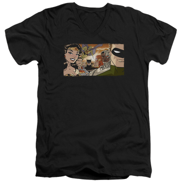 Black men's v-neck t-shirt with Justice League Cinematic League graphic