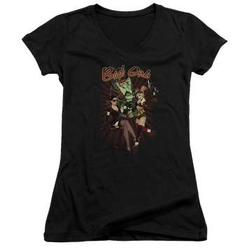 Black juniors v-neck t-shirt with DC Comics Justice League Bad Girls graphic