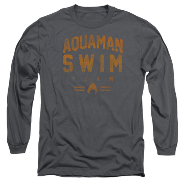 Charcoal men's long sleeve t-shirt with Aquaman Swin Team graphic