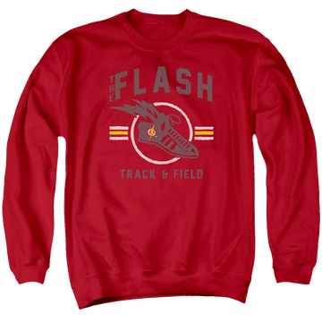 Red men's crewneck sweatshirt with The Flash Track And Field graphic