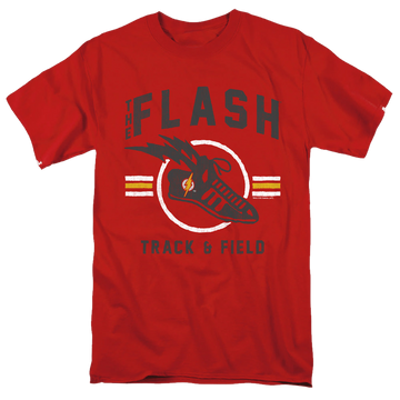 Red men's regular fit t-shirt with The Flash Track And Field graphic