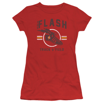 Red juniors t-shirt with The Flash Track And Field graphic
