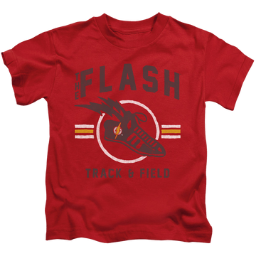 Red kid's t-shirt for ages 4 to 7 with The Flash Track And Field graphic