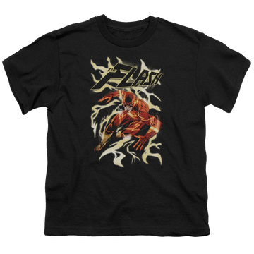 Black youth t-shirt for ages 8 to 12 with The Flash Electric Run graphic