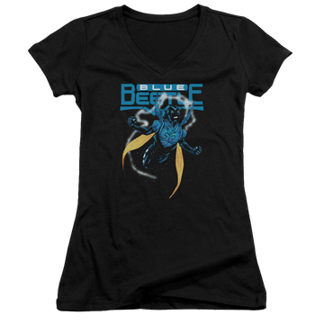 Black juniors v-neck t-shirt with DC Comics Justice League Blue Beetle graphic