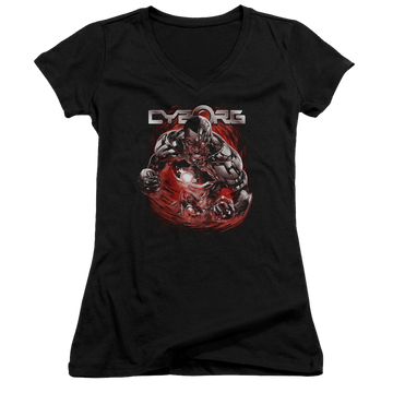 Black juniors v-neck t-shirt with DC Comics Justice League Engaged graphic