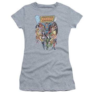 Athletic heather juniors t-shirt with Justice League Team Up graphic