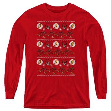 Red youth long sleeve t-shirt with The Flash Ugly Christmas Sweater graphic