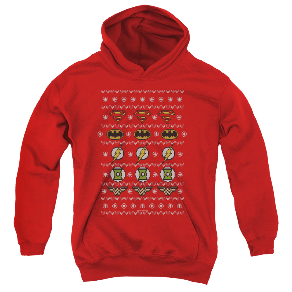 Justice League Justice Shields Christmas Sweater - Youth Hoodie Youth Hoodie (Ages 8-12) Justice League
