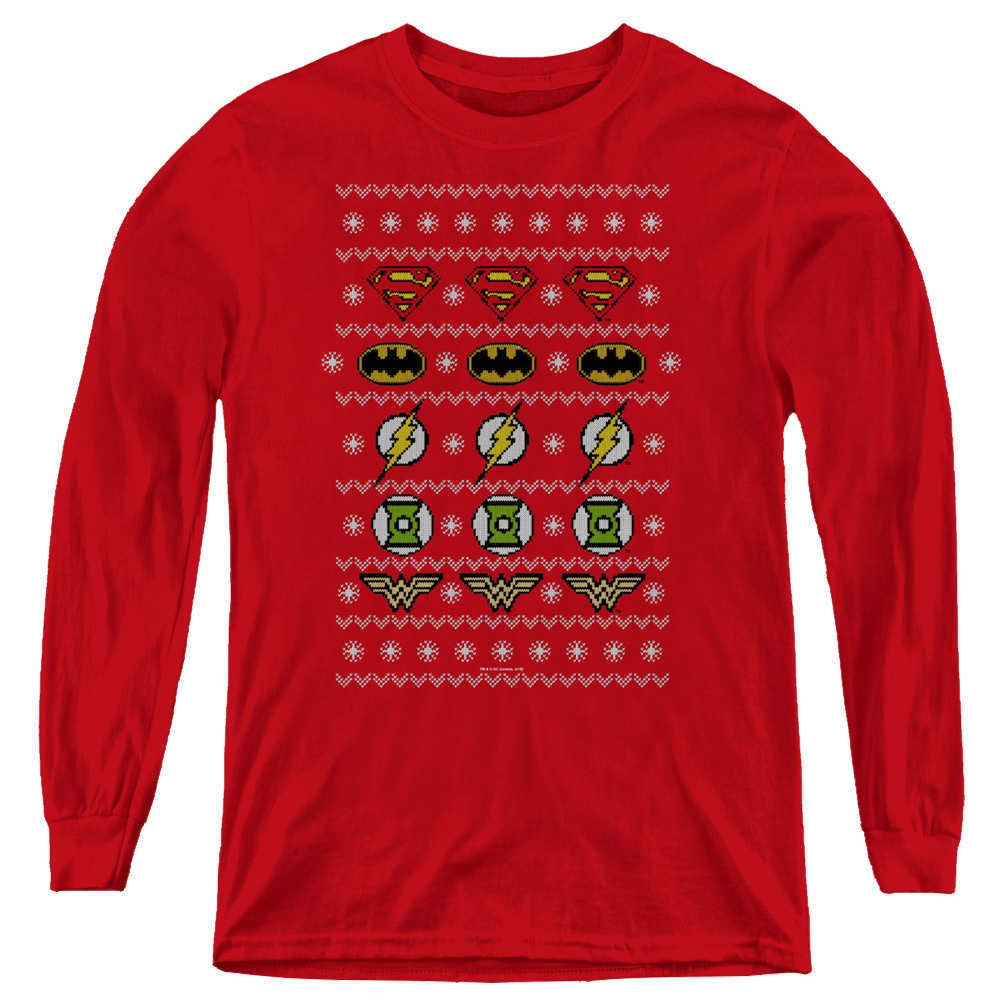 Justice League Justice Shields Christmas Sweater - Youth Long Sleeve T-Shirt Youth Long Sleeve T-Shirt Justice League
