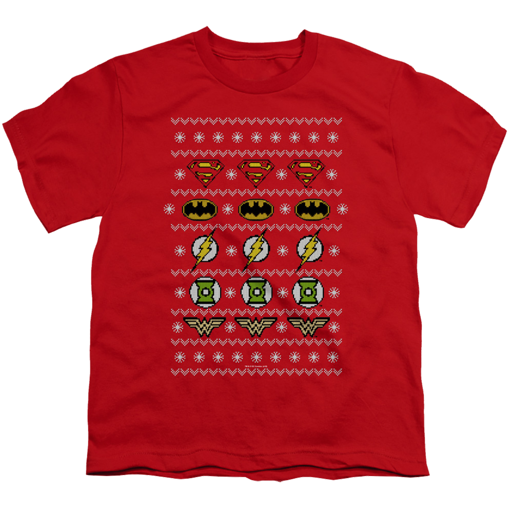 Justice League Justice Shields Christmas Sweater - Youth T-Shirt Youth T-Shirt (Ages 8-12) Justice League
