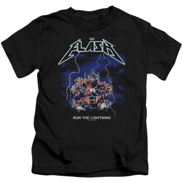 Black kid's t-shirt for ages 4 to 7 with The Flash Run The Lightning graphic
