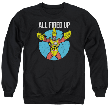 Black men's crewneck sweatshirt with Firestorms Party graphic