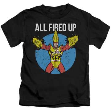 Black kid's t-shirt for ages 4 to 7 with Firestorms Party graphic