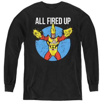 Black youth long sleeve t-shirt with Firestorms Party graphic