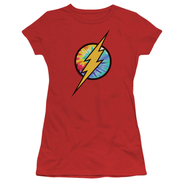 Red juniors t-shirt with The Flash Tie Dye Flash Logo graphic