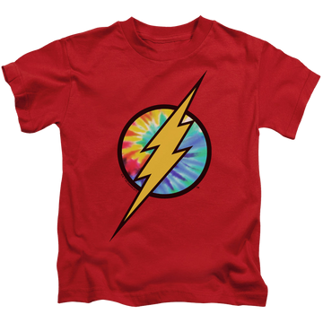 Red kid's t-shirt for ages 4 to 7 with The Flash Tie Dye Flash Logo graphic
