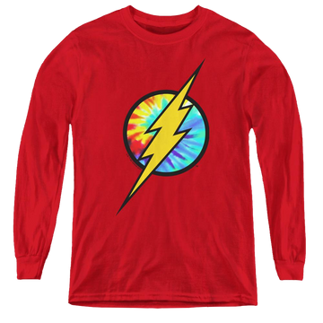 Red youth long sleeve t-shirt with The Flash Tie Dye Flash Logo graphic
