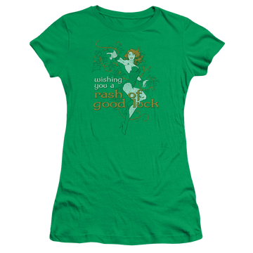 Kelly green juniors t-shirt with DC Comics Justice League Rash Of Good Luck graphic
