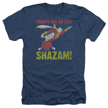 Navy men's heather t-shirt with Shazam Justice League Fridays Got Me Like graphic