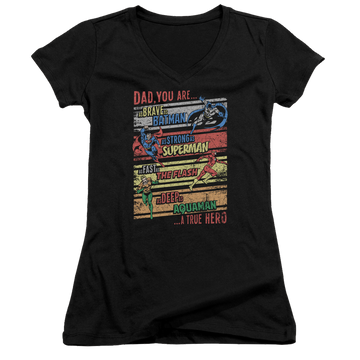 Black juniors v-neck t-shirt with Wonder Woman Justice League A True Hero graphic
