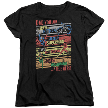 Black women's t-shirt with Wonder Woman Justice League A True Hero graphic