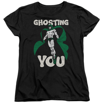 Black women's t-shirt with DC Comics Justice League Ghosting graphic