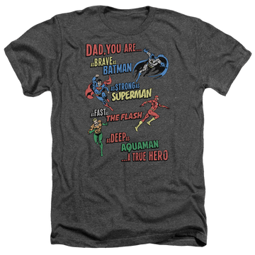 Charcoal men's heather t-shirt with Justice League Dad Hero graphic