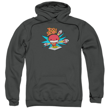 Charcoal pullover hoodie with The Flash Too Slow graphic