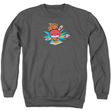 Charcoal men's crewneck sweatshirt with The Flash Too Slow graphic