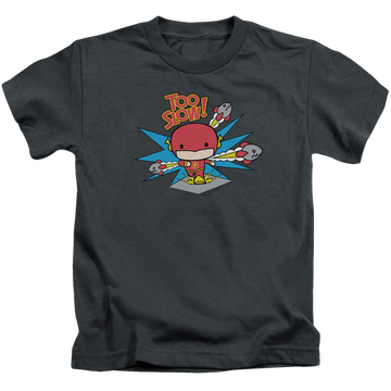 Charcoal kid's t-shirt for ages 4 to 7 with The Flash Too Slow graphic