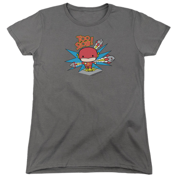 Charcoal women's t-shirt with The Flash Too Slow graphic
