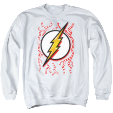 White men's crewneck sweatshirt with The Flash Airbrush Bolt graphic