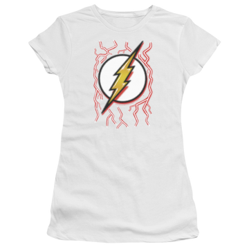 White juniors t-shirt with The Flash Airbrush Bolt graphic