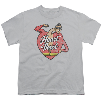 Silver youth t-shirt for ages 8 to 12 with Plastic Man Heart Throb graphic
