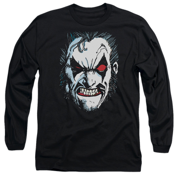 Black men's long sleeve t-shirt with Lobo Justice League In Lo Face graphic