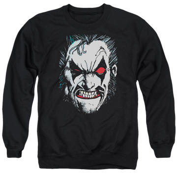 Black men's crewneck sweatshirt with Lobo Justice League In Lo Face graphic